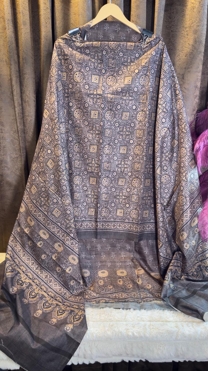 Smokey Ash Grey Raw Silk Jaipuri Print Designer Suit Set