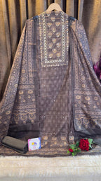 Smokey Ash Grey Raw Silk Jaipuri Print Designer Suit Set