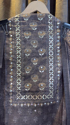Smokey Ash Grey Raw Silk Jaipuri Print Designer Suit Set