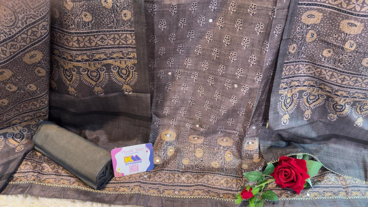Smokey Ash Grey Raw Silk Jaipuri Print Designer Suit Set