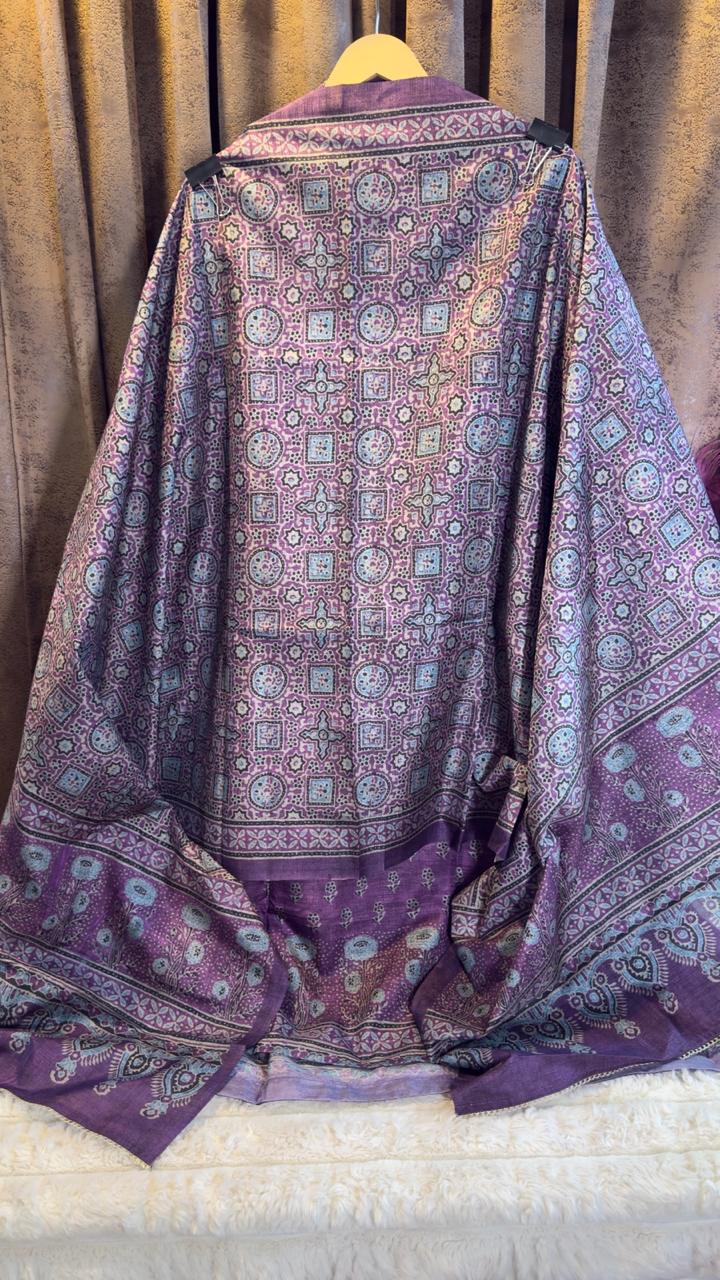 Royal Plum Raw Silk Jaipuri Print Designer Suit Set