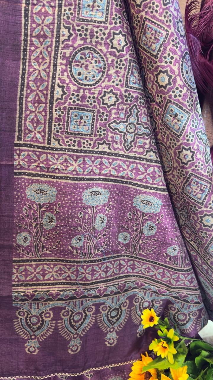 Royal Plum Raw Silk Jaipuri Print Designer Suit Set