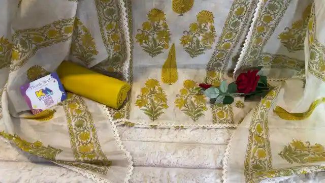 Premium Pure Mul Chanderi Hand Block Designer Suit Set