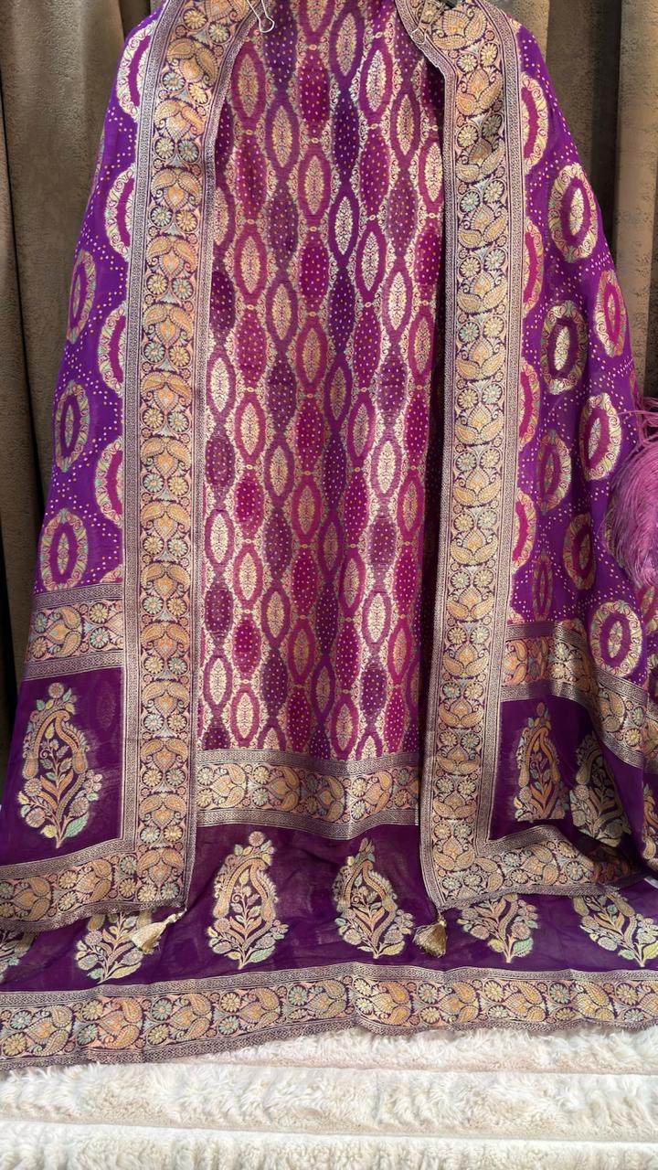 Pure Khaddi Georgette Banarasi Bandhani Suit Set