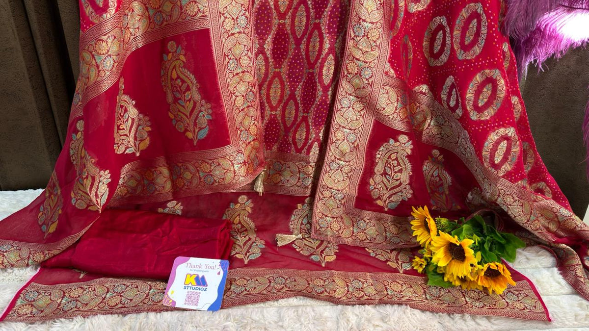Pure Khaddi Georgette Banarasi Bandhani Suit Set