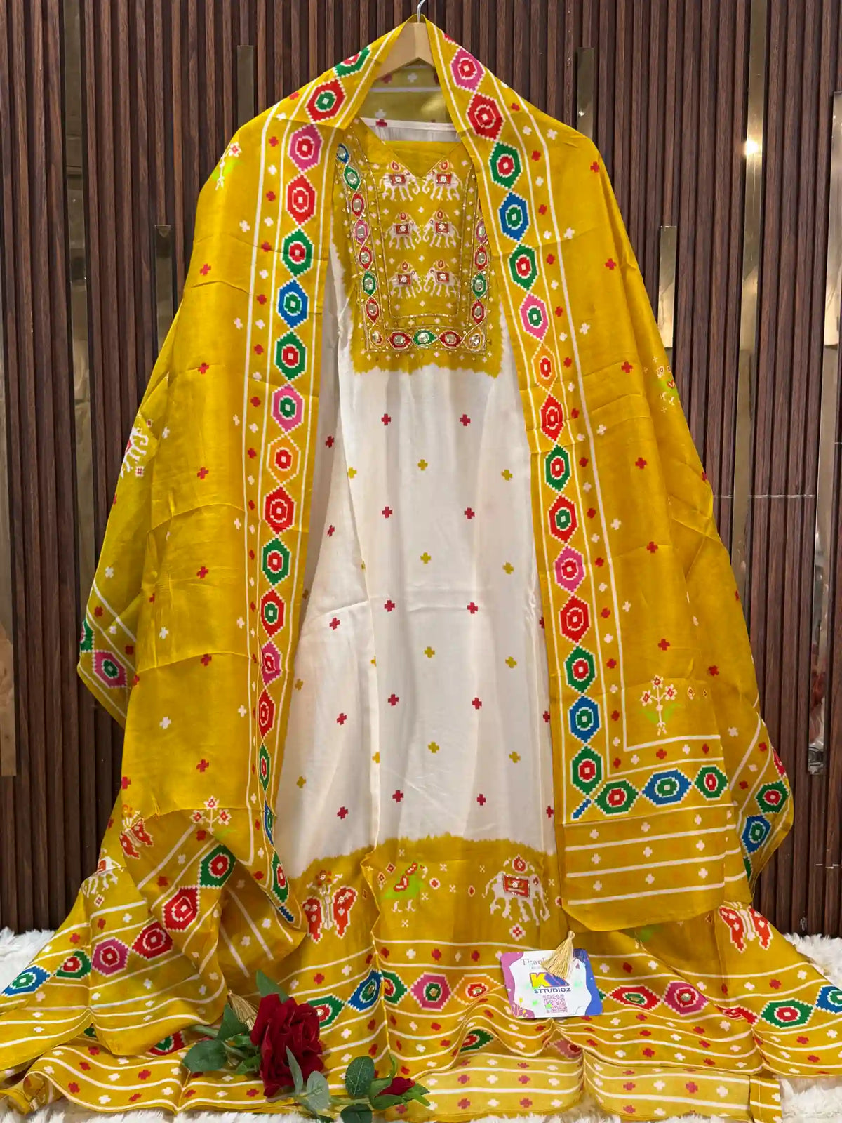 Premium Russian Silk Patola Print Designer Suit Set
