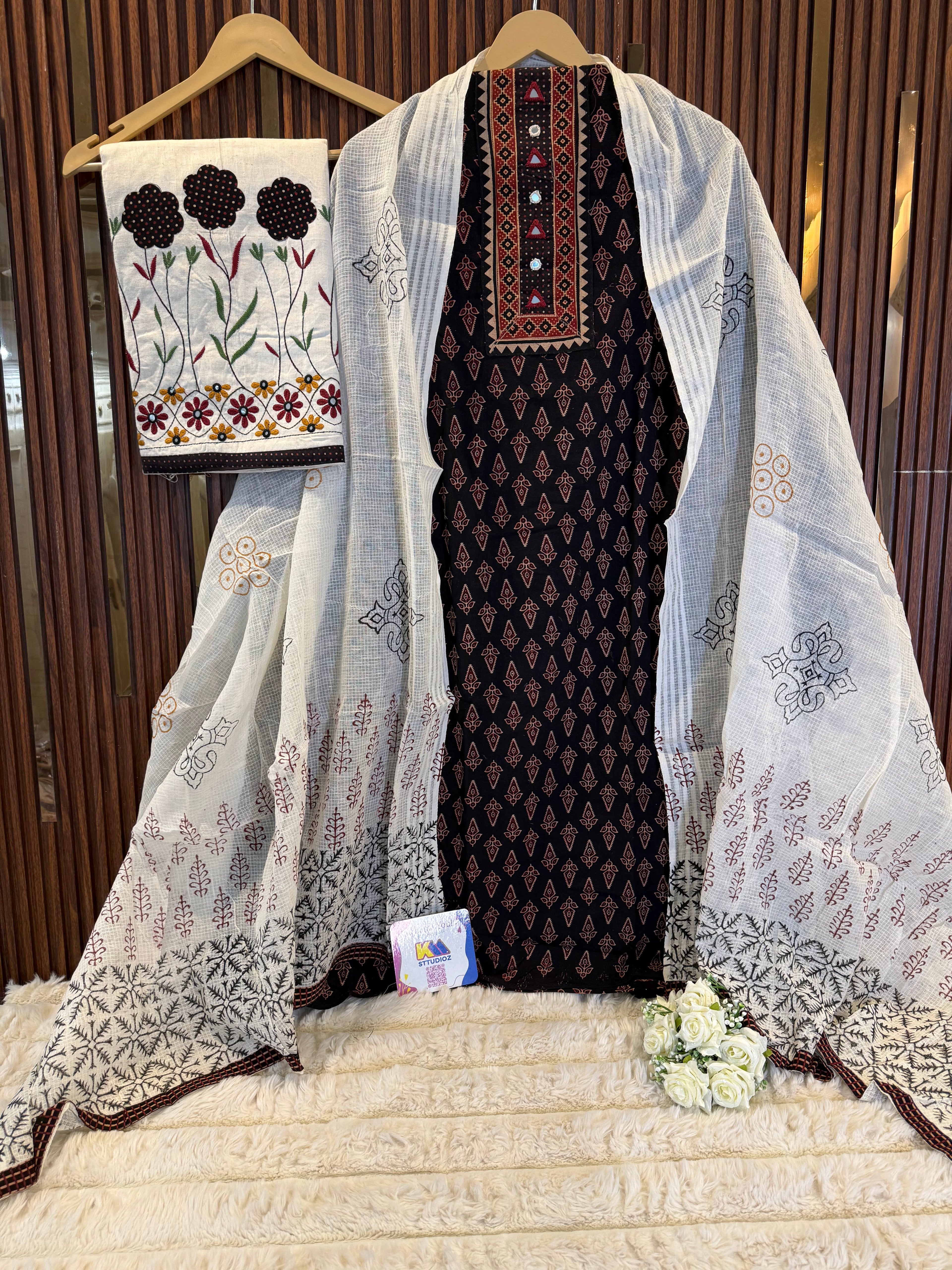 Premium Ajrakh Cotton Embroidered Suit Set