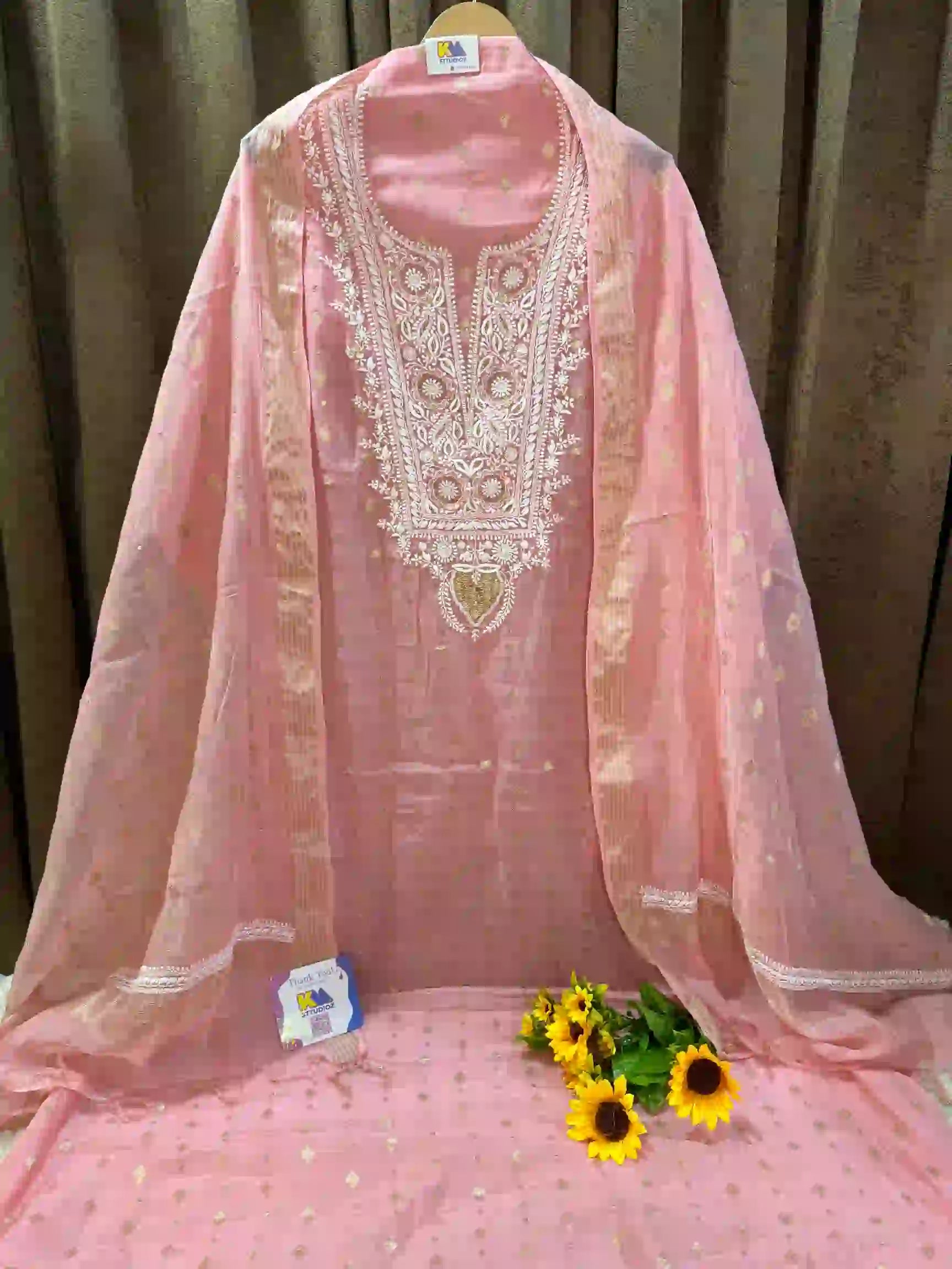 Pure Mul Chanderi Banarasi Hand Chikankari Kurta Dupatta Set